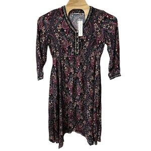 Soft Surroundings Black Pink Floral Velvet Trim Long Sleeve Midi Dress Sz PM NWT